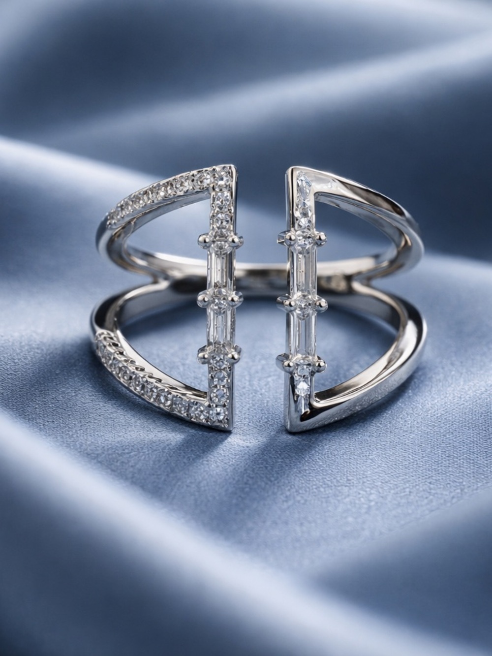 Open Baguette and Pavé Accent Ring in Silver